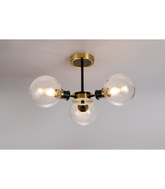 Plattsburgh Semi Ceiling 3 Light E14 IP44 15cm Round Crackled Glass Shade Brass Clear & Satin Black-3