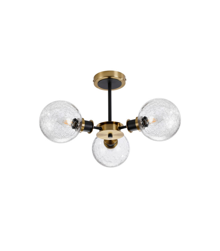 Plattsburgh Semi Ceiling 3 Light E14 IP44 15cm Round Crackled Glass Shade Brass Clear & Satin Black-4