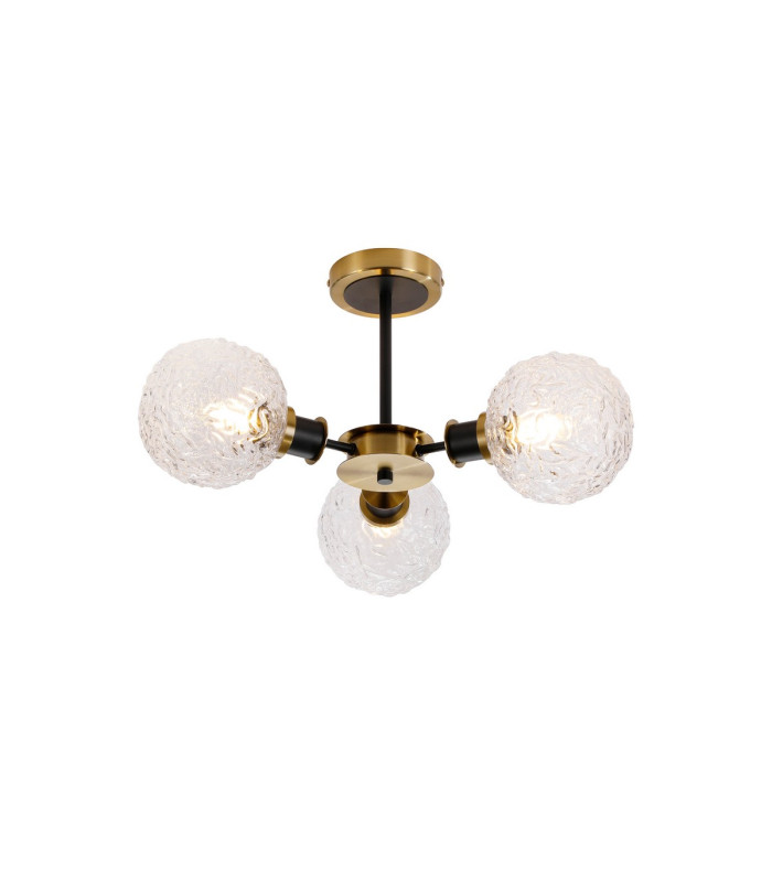 Plattsburgh Semi Ceiling 3 Light E14 IP44 15cm Round Textured Crumple Glass Shade Brass Clear & Satin Black-1