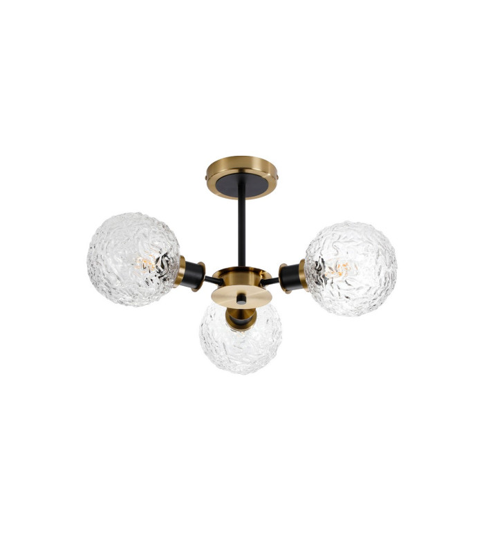 Plattsburgh Semi Ceiling 3 Light E14 IP44 15cm Round Textured Crumple Glass Shade Brass Clear & Satin Black-4