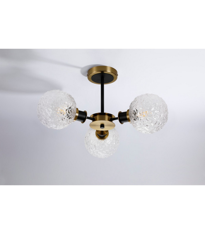 Plattsburgh Semi Ceiling 3 Light E14 IP44 15cm Round Textured Crumple Glass Shade Brass Clear & Satin Black-8