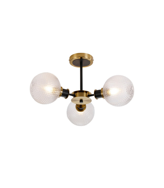 Plattsburgh Semi Ceiling 3 Light E14 IP44 15cm Round Textured Diamond Pattern Glass Shade Brass Clear & Satin Black-1