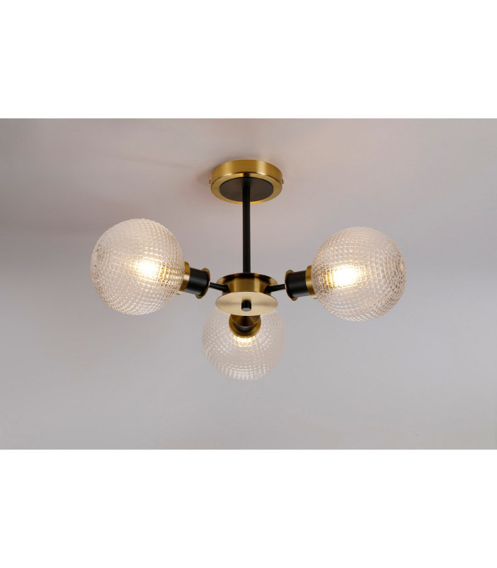 Plattsburgh Semi Ceiling 3 Light E14 IP44 15cm Round Textured Diamond Pattern Glass Shade Brass Clear & Satin Black-3