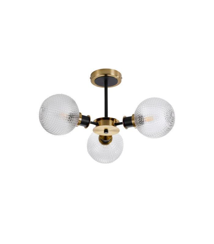 Plattsburgh Semi Ceiling 3 Light E14 IP44 15cm Round Textured Diamond Pattern Glass Shade Brass Clear & Satin Black-4