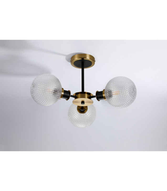 Plattsburgh Semi Ceiling 3 Light E14 IP44 15cm Round Textured Diamond Pattern Glass Shade Brass Clear & Satin Black-8