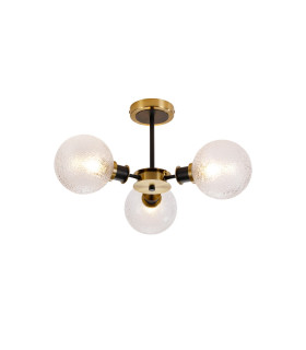 Plattsburgh Semi Ceiling 3 Light E14 IP44 15cm Round Dimpled Glass Shade Brass Clear & Satin Black-1