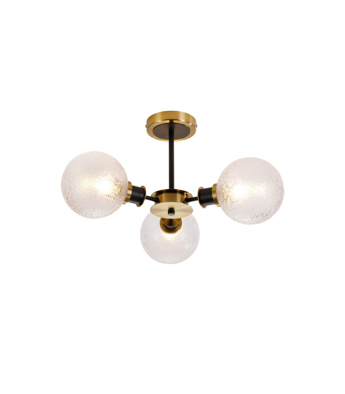 Plattsburgh Semi Ceiling 3 Light E14 IP44 15cm Round Dimpled Glass Shade Brass Clear & Satin Black-1