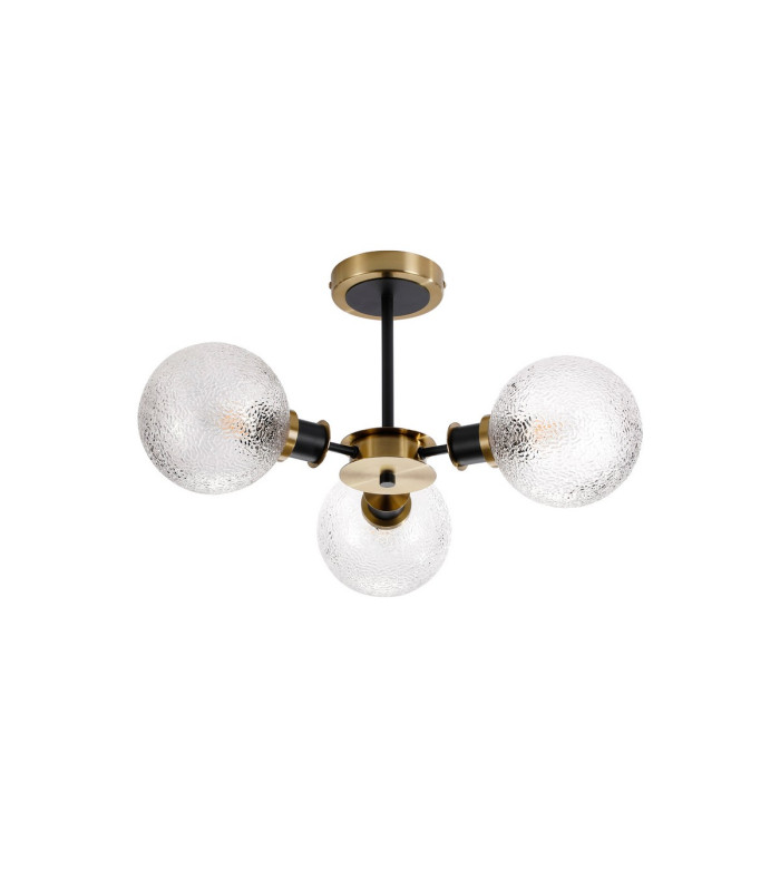 Plattsburgh Semi Ceiling 3 Light E14 IP44 15cm Round Dimpled Glass Shade Brass Clear & Satin Black-3