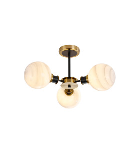 Plattsburgh Semi Ceiling 3 Light E14 IP44 15cm Round White & Grey Marble Effect Glass Shade Brass & Satin Black Framework-1
