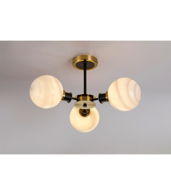 Plattsburgh Semi Ceiling 3 Light E14 IP44 15cm Round White & Grey Marble Effect Glass Shade Brass & Satin Black Framework-3