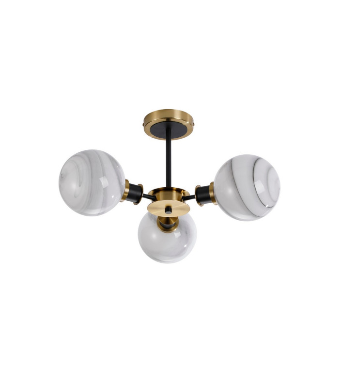 Plattsburgh Semi Ceiling 3 Light E14 IP44 15cm Round White & Grey Marble Effect Glass Shade Brass & Satin Black Framework-4
