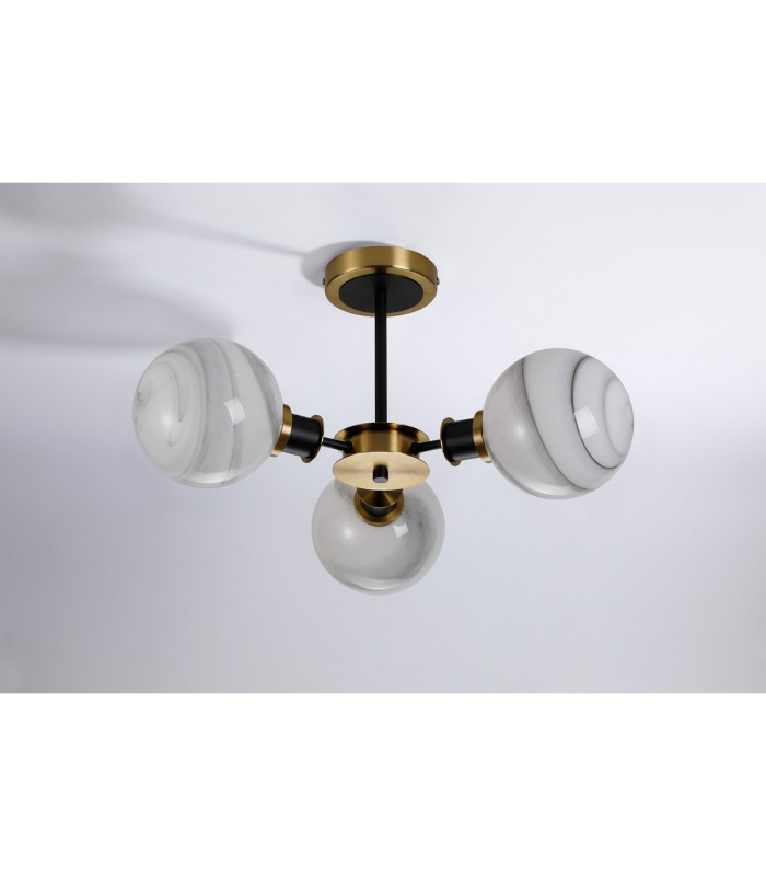 Plattsburgh Semi Ceiling 3 Light E14 IP44 15cm Round White & Grey Marble Effect Glass Shade Brass & Satin Black Framework-8