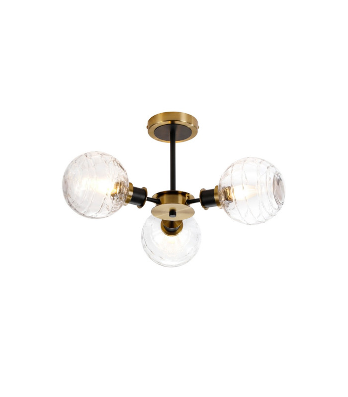 Plattsburgh Semi Ceiling 3 Light E14 IP44 15cm Round Textured Melting Glass Shade Brass Clear & Satin Black-1
