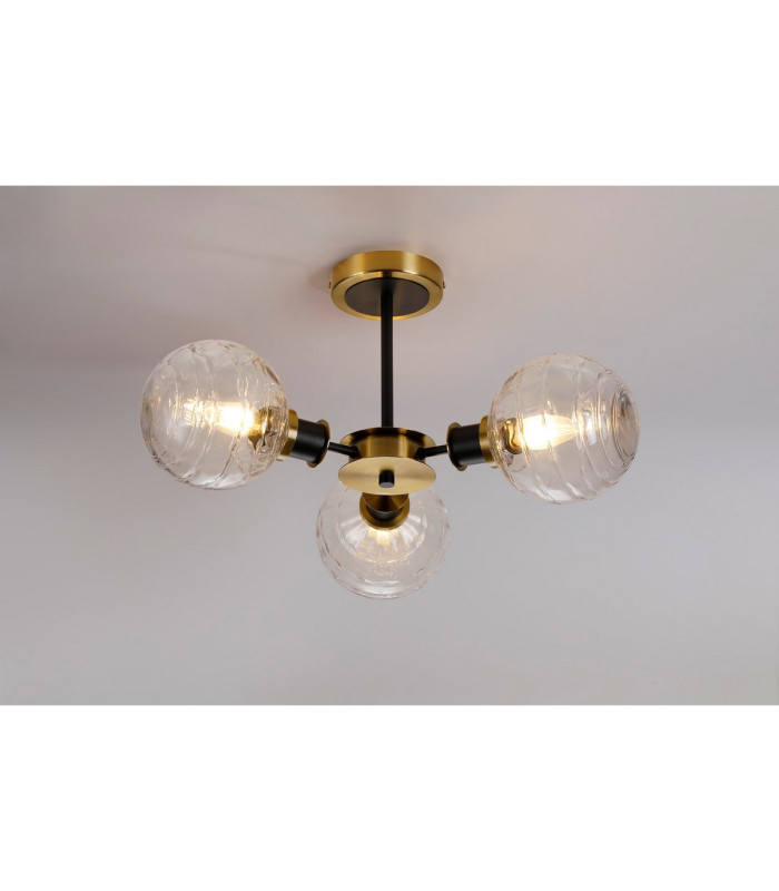 Plattsburgh Semi Ceiling 3 Light E14 IP44 15cm Round Textured Melting Glass Shade Brass Clear & Satin Black-3