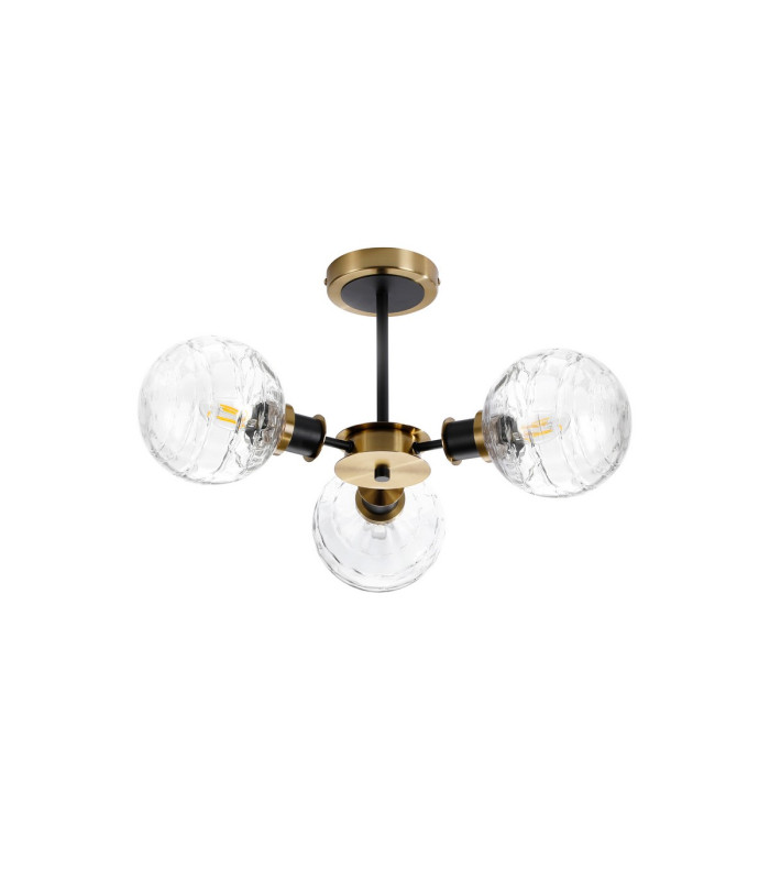 Plattsburgh Semi Ceiling 3 Light E14 IP44 15cm Round Textured Melting Glass Shade Brass Clear & Satin Black-4