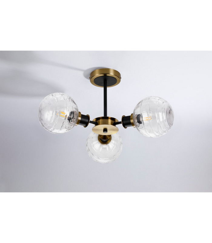Plattsburgh Semi Ceiling 3 Light E14 IP44 15cm Round Textured Melting Glass Shade Brass Clear & Satin Black-8