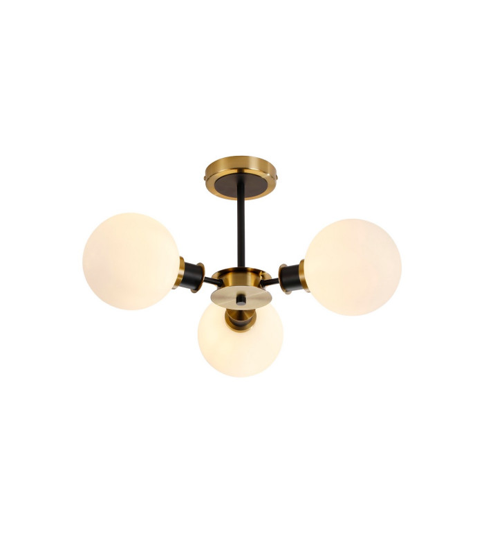 Plattsburgh Semi Ceiling 3 Light E14 IP44 15cm Round Glass Shade Brass Opal & Satin Black-1