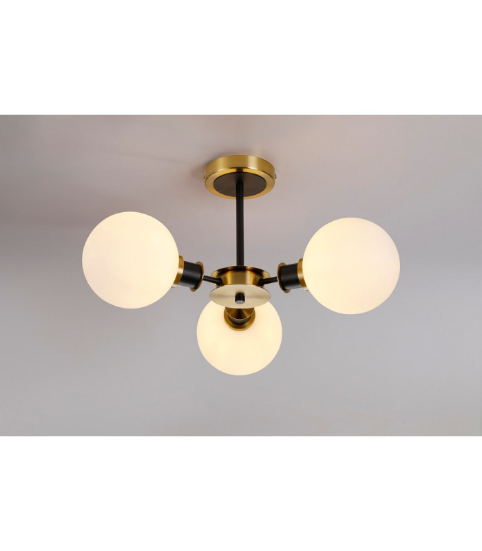 Plattsburgh Semi Ceiling 3 Light E14 IP44 15cm Round Glass Shade Brass Opal & Satin Black-3