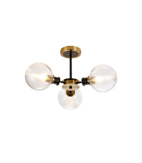 Plattsburgh Semi Ceiling 3 Light E14 IP44 15cm Round Ribbed Glass Shade Brass Clear & Satin Black-1