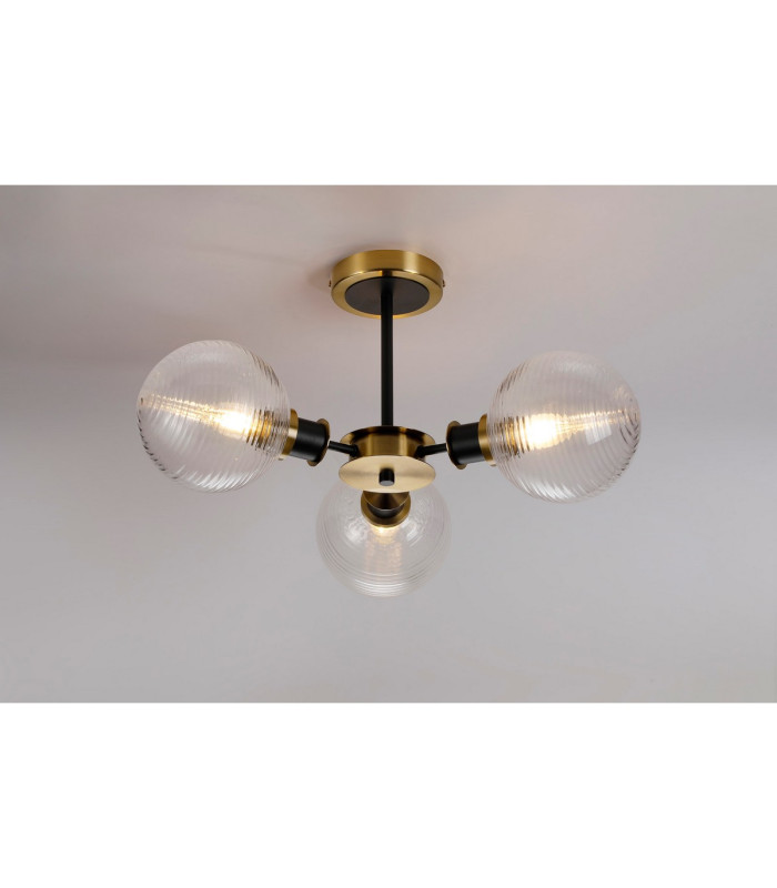 Plattsburgh Semi Ceiling 3 Light E14 IP44 15cm Round Ribbed Glass Shade Brass Clear & Satin Black-3