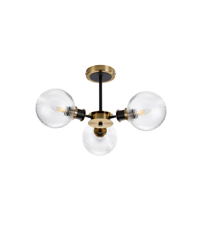 Plattsburgh Semi Ceiling 3 Light E14 IP44 15cm Round Ribbed Glass Shade Brass Clear & Satin Black-4