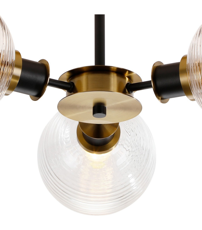 Plattsburgh Semi Ceiling 3 Light E14 IP44 15cm Round Ribbed Glass Shade Brass Clear & Satin Black-7