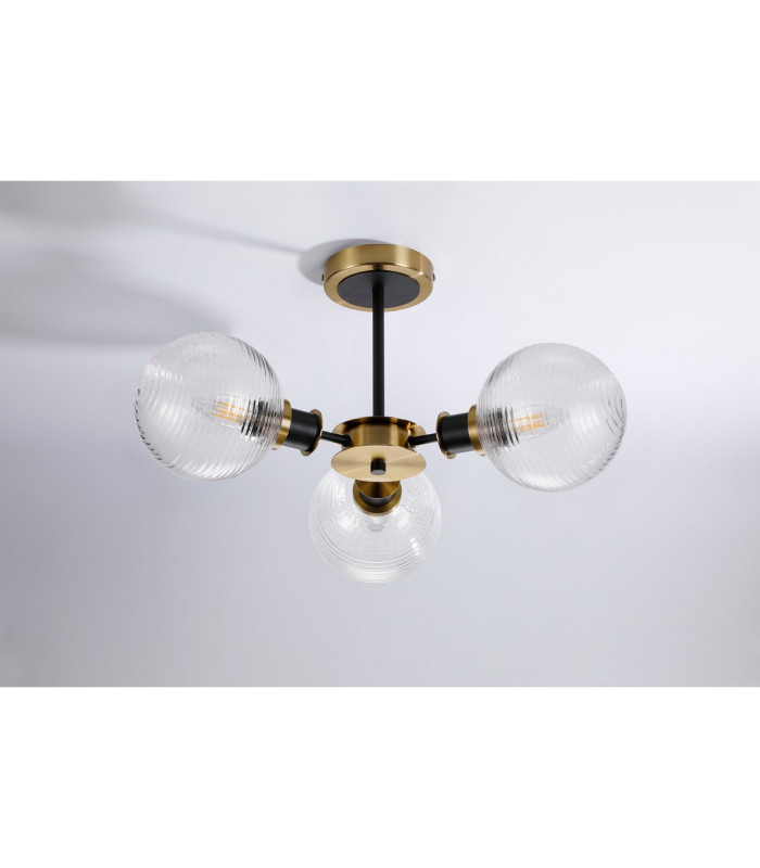 Plattsburgh Semi Ceiling 3 Light E14 IP44 15cm Round Ribbed Glass Shade Brass Clear & Satin Black-8
