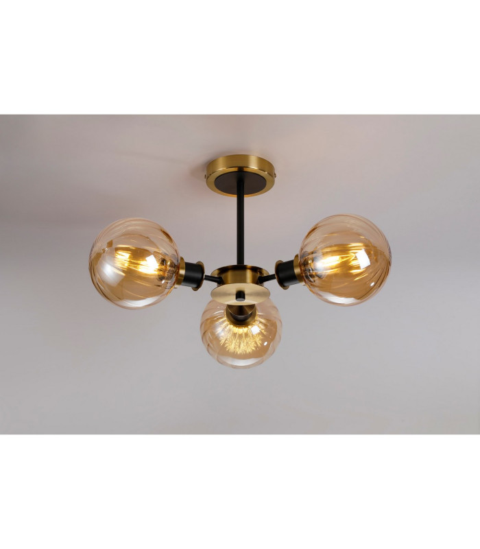 Plattsburgh Semi Ceiling 3 Light E14 IP44 15cm Round Segment Glass Shade Brass Amber Plated & Satin Black-3