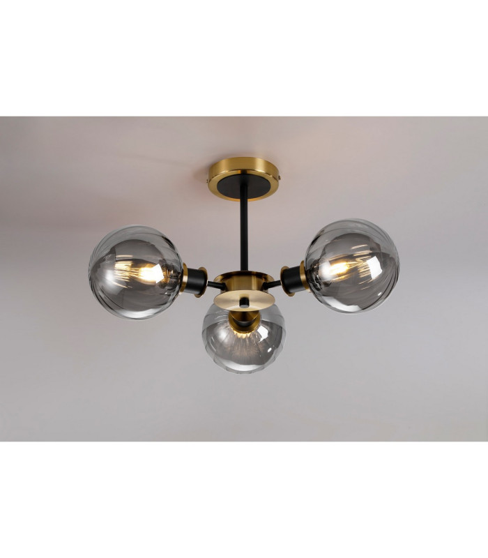 Plattsburgh Semi Ceiling 3 Light E14 IP44 15cm Round Segment Glass Shade Brass Smoke Plated & Satin Black-3