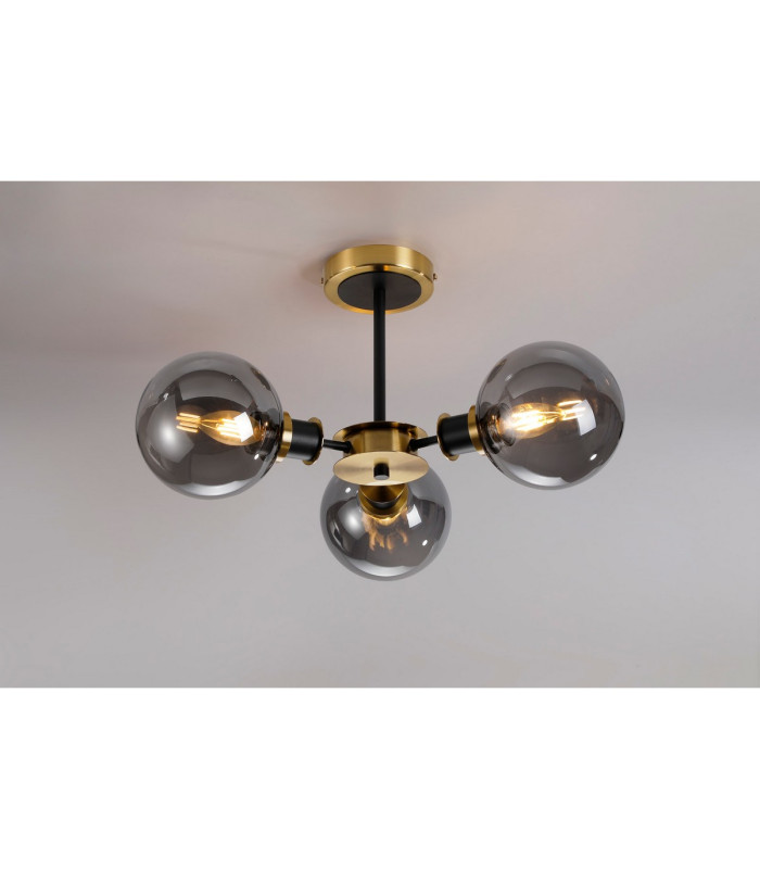 Plattsburgh Semi Ceiling 3 Light E14 IP44 15cm Round Glass Shade Brass Smoke Plated & Satin Black-3