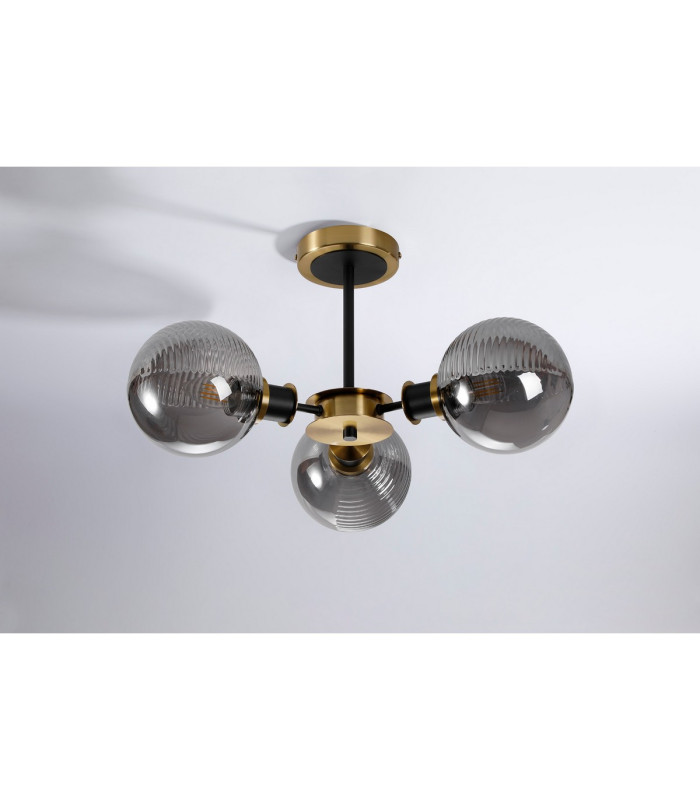 Plattsburgh Semi Ceiling 3 Light E14 IP44 15cm Round Textured Smooth/Ribbed Glass Shade Brass Smoke Plated & Satin Black-8