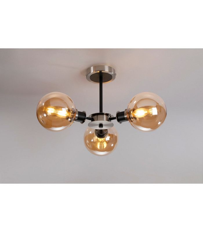 Plattsburgh Semi Ceiling 3 Light E14 IP44 15cm Round Glass Shade Satin Nickel Amber Plated & Satin Black-3