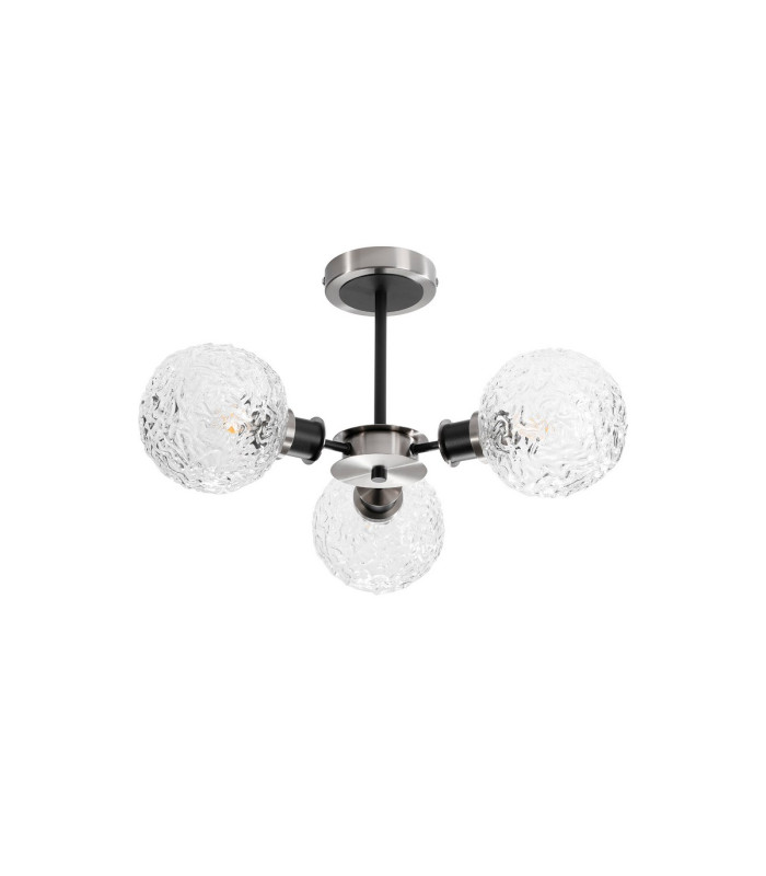 Plattsburgh Semi Ceiling 3 Light E14 IP44 15cm Round Textured Crumple Glass Shade Satin Nickel Clear & Satin Black-4