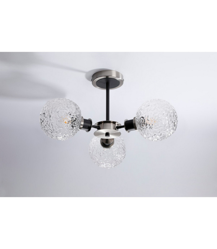 Plattsburgh Semi Ceiling 3 Light E14 IP44 15cm Round Textured Crumple Glass Shade Satin Nickel Clear & Satin Black-8