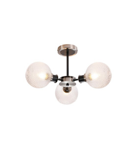 Plattsburgh Semi Ceiling 3x E14 IP44 15cm Round Textured Diamond Pattern Glass Shade Satin Nickel Clear & Satin Black-1