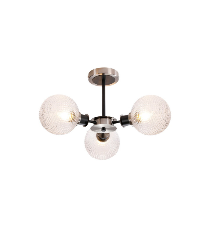 Plattsburgh Semi Ceiling 3x E14 IP44 15cm Round Textured Diamond Pattern Glass Shade Satin Nickel Clear & Satin Black-1