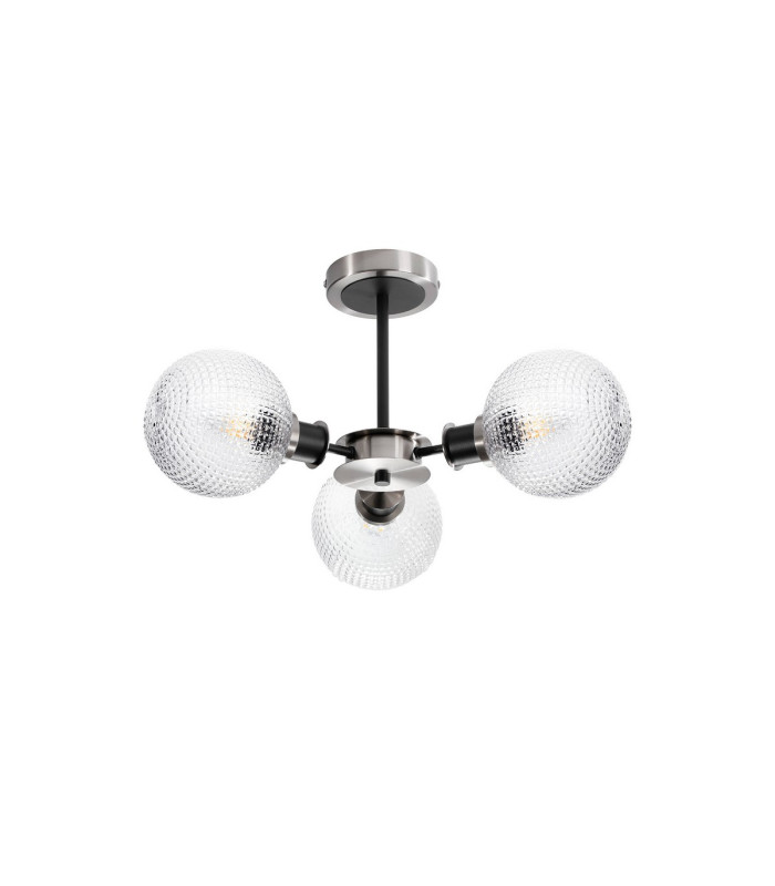Plattsburgh Semi Ceiling 3x E14 IP44 15cm Round Textured Diamond Pattern Glass Shade Satin Nickel Clear & Satin Black-4