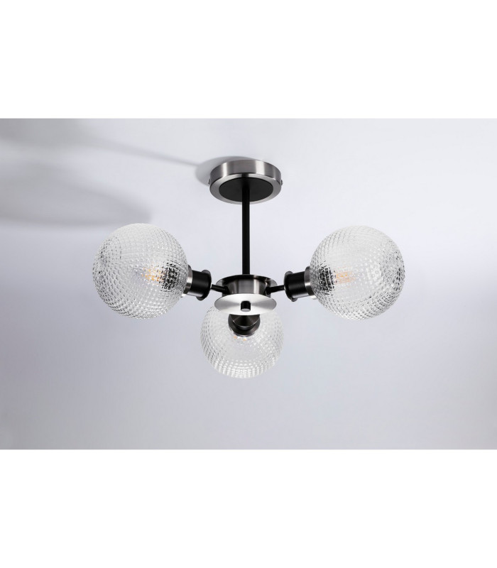 Plattsburgh Semi Ceiling 3x E14 IP44 15cm Round Textured Diamond Pattern Glass Shade Satin Nickel Clear & Satin Black-8
