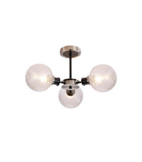 Plattsburgh Semi Ceiling 3 Light E14 IP44 15cm Round Dimpled Glass Shade Satin Nickel Clear & Satin Black-1