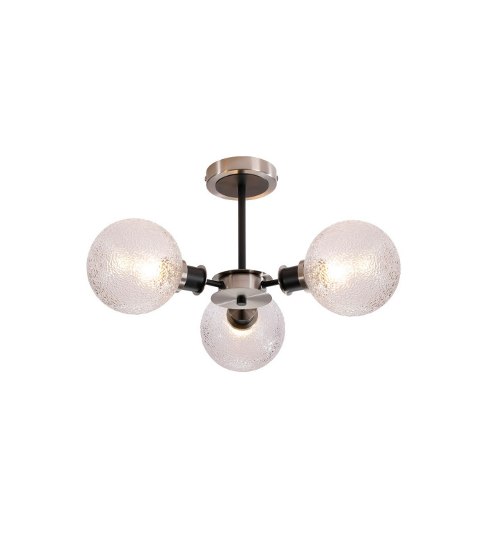 Plattsburgh Semi Ceiling 3 Light E14 IP44 15cm Round Dimpled Glass Shade Satin Nickel Clear & Satin Black-1