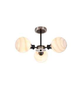 Plattsburgh Semi Ceiling 3x E14 IP44 15cm Round White & Grey Marble Effect Glass Shade Satin Nickel & Satin Black-1