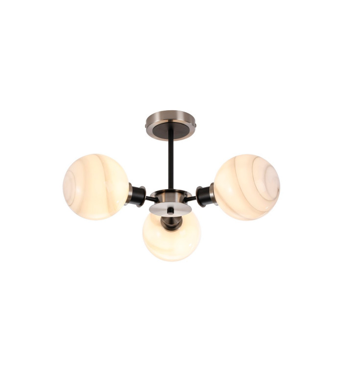 Plattsburgh Semi Ceiling 3x E14 IP44 15cm Round White & Grey Marble Effect Glass Shade Satin Nickel & Satin Black-1