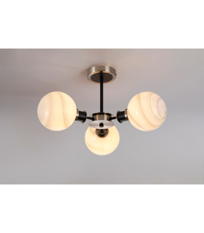Plattsburgh Semi Ceiling 3x E14 IP44 15cm Round White & Grey Marble Effect Glass Shade Satin Nickel & Satin Black-3