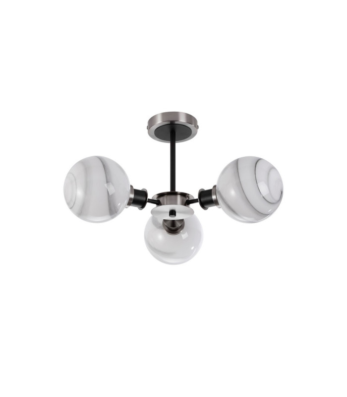 Plattsburgh Semi Ceiling 3x E14 IP44 15cm Round White & Grey Marble Effect Glass Shade Satin Nickel & Satin Black-4