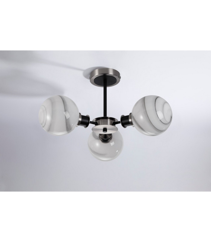Plattsburgh Semi Ceiling 3x E14 IP44 15cm Round White & Grey Marble Effect Glass Shade Satin Nickel & Satin Black-8