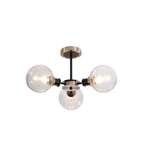 Plattsburgh Semi Ceiling 3 Light E14 IP44 15cm Round Textured Melting Glass Shade Satin Nickel Clear & Satin Black-1