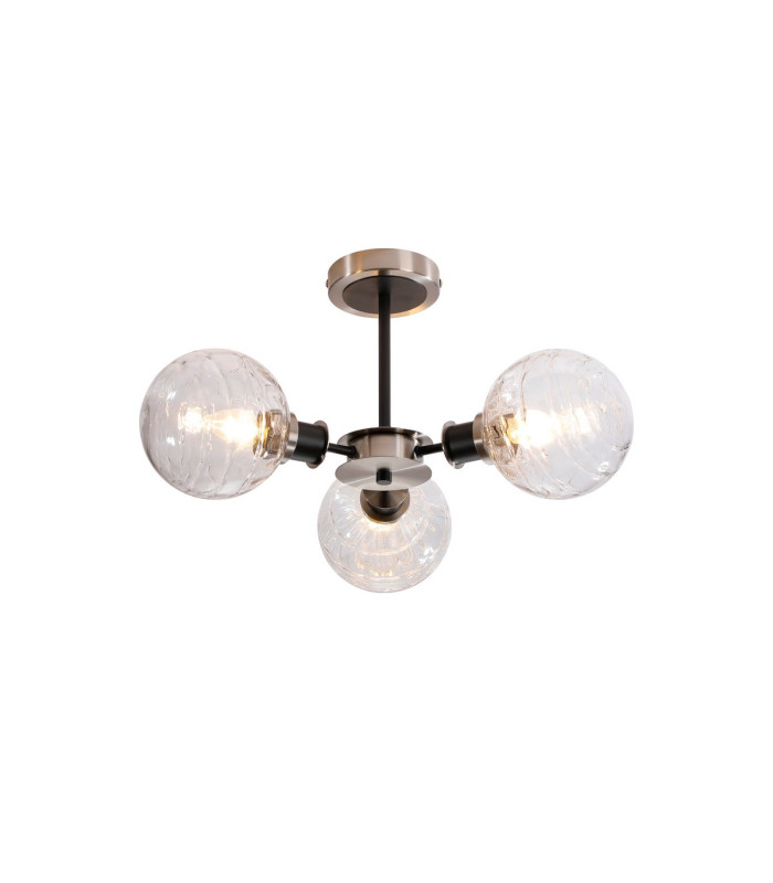 Plattsburgh Semi Ceiling 3 Light E14 IP44 15cm Round Textured Melting Glass Shade Satin Nickel Clear & Satin Black-1