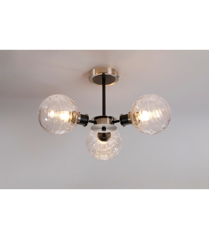 Plattsburgh Semi Ceiling 3 Light E14 IP44 15cm Round Textured Melting Glass Shade Satin Nickel Clear & Satin Black-3