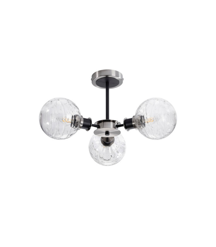 Plattsburgh Semi Ceiling 3 Light E14 IP44 15cm Round Textured Melting Glass Shade Satin Nickel Clear & Satin Black-4