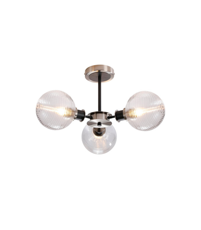 Plattsburgh Semi Ceiling 3 Light E14 IP44 15cm Round Ribbed Glass Shade Satin Nickel Clear & Satin Black-1